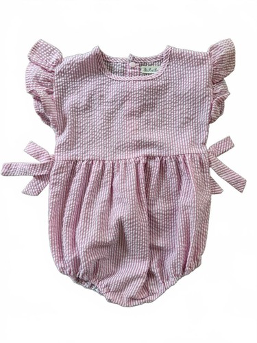 Pink White Seersucker Bubble Romper 3T Ruffle Sleeves Side Tie Detail