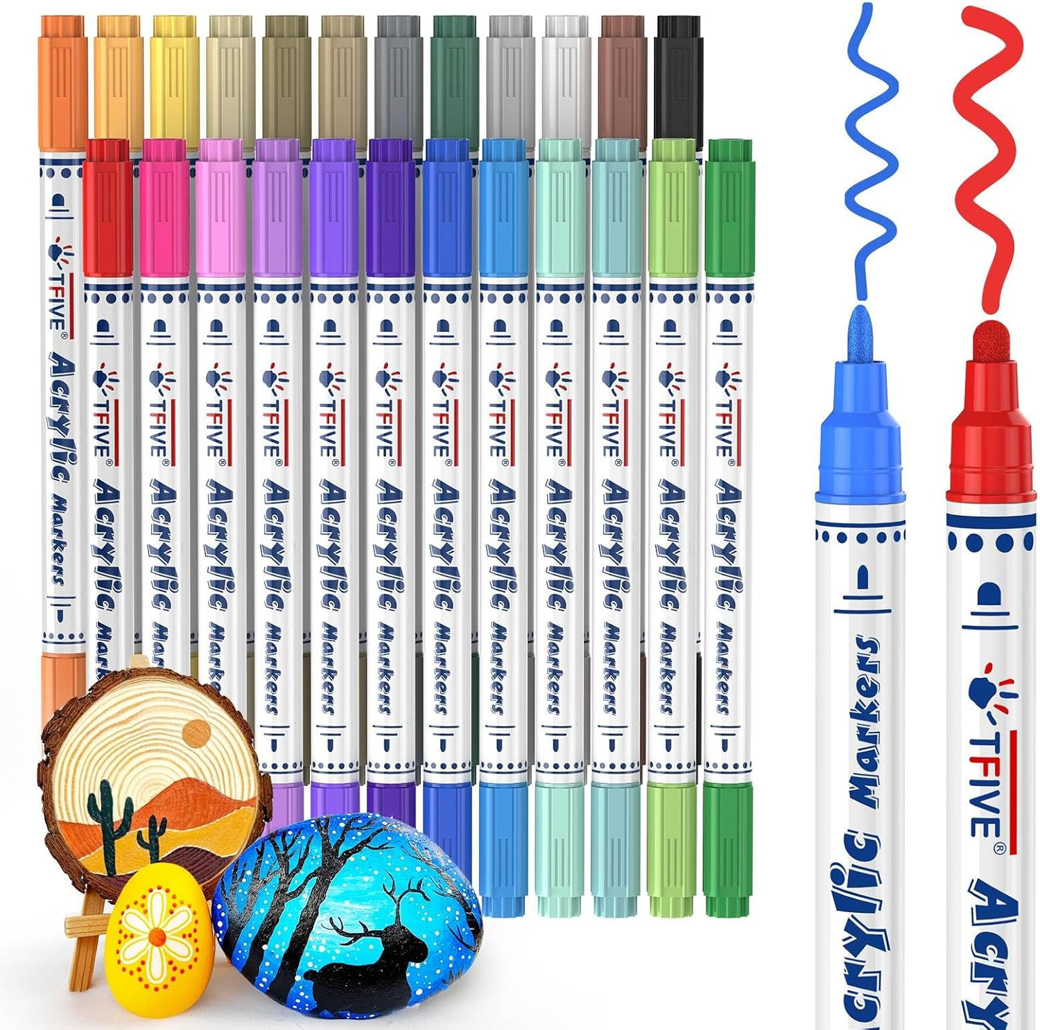 Dual Tip Acrylic Paint Markers, 24 Vibrant Colors Kit, No Bleed-Through on Paper