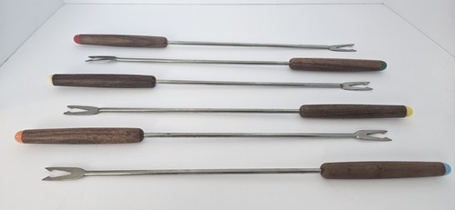 VTG Fondue Forks Stainless Steel Wood Handle Color Coded Set of 6 Made in Japan - Picture 4 of 7
