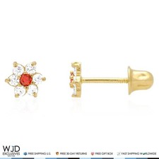 14K Yellow Gold CZ And Garnet Flower Screw Back Stud Earrings