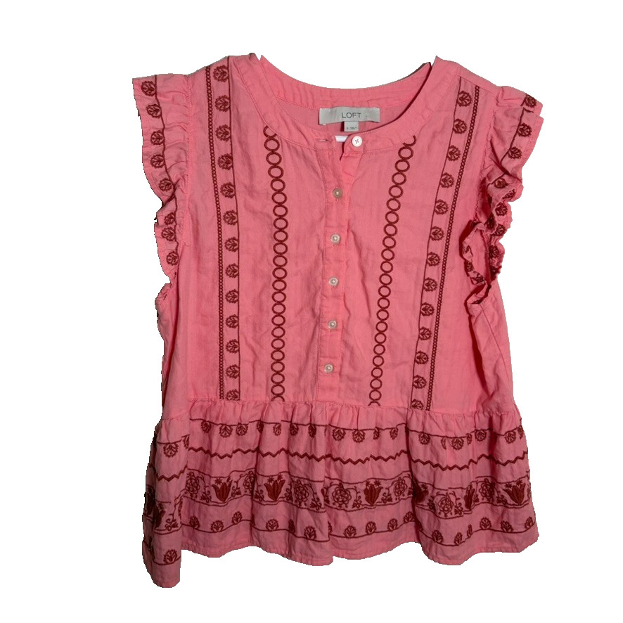 Loft Blouse Women's Small Pink Embroidered Button Popover Ruffle Boho Top