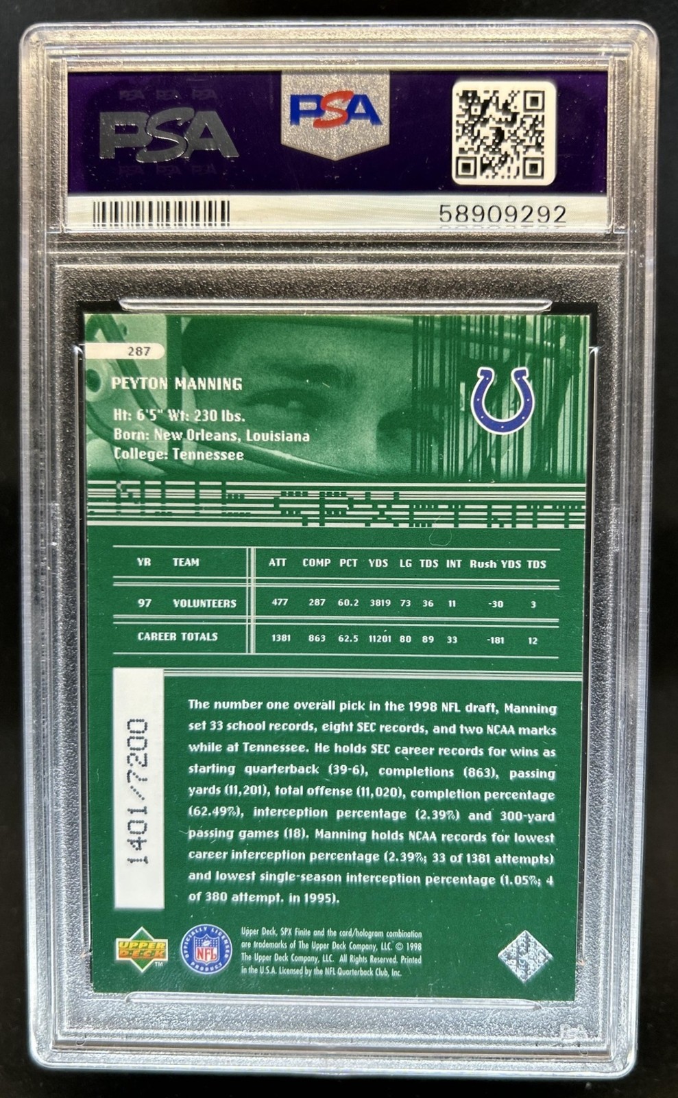 1998 SPx Finite Peyton Manning Rookie RC #/7200 Colts PSA 7 view 2