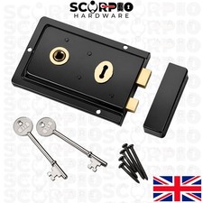 Traditional Rim Lock 6" x 4" with 2 Keys and Screws Black Brass Chrome Plated