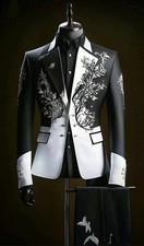 Men's Black white 2-Piece Suit Floral Embroidered Western Wedding Prom Slim