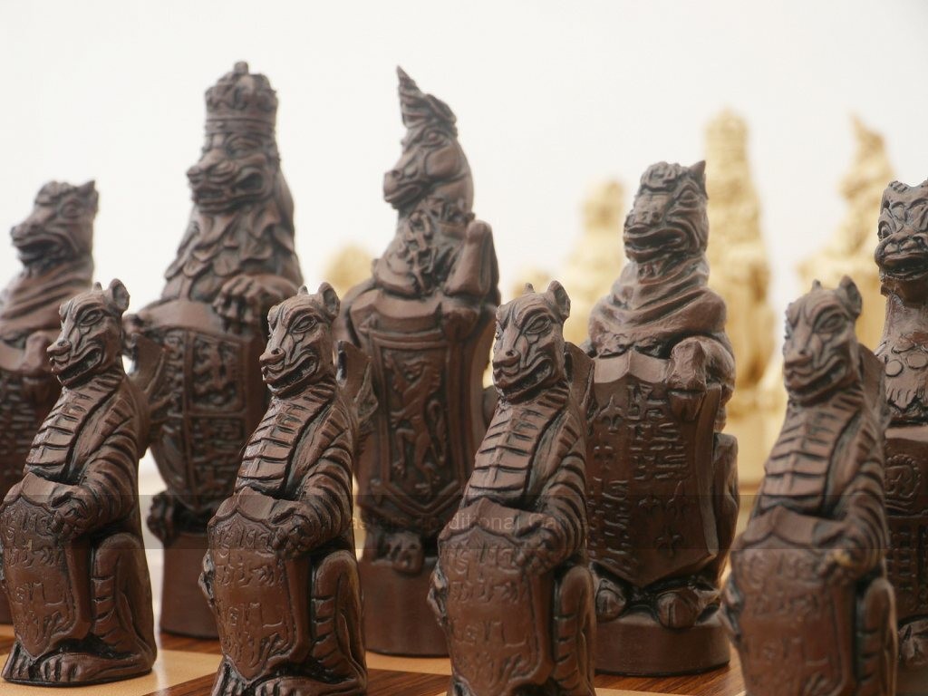 Berkeley Royal Beasts Ornamental Chess Set - cream and brown