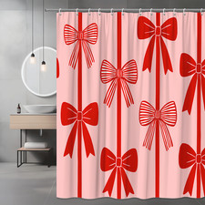 Cute Red Bow Shower Curtain on Pink Background for Kids and Holiday Decor