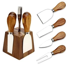 9 Pack Cheese Knives with Holder Acacia Wood Charcuterie Serving Utensils Sup...