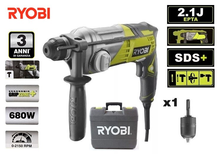TRAPANO TASSELLATORE MULTIFUNZIONE VELOCITA' VAR. SDS PLUS 680 WATT "RYOBI"