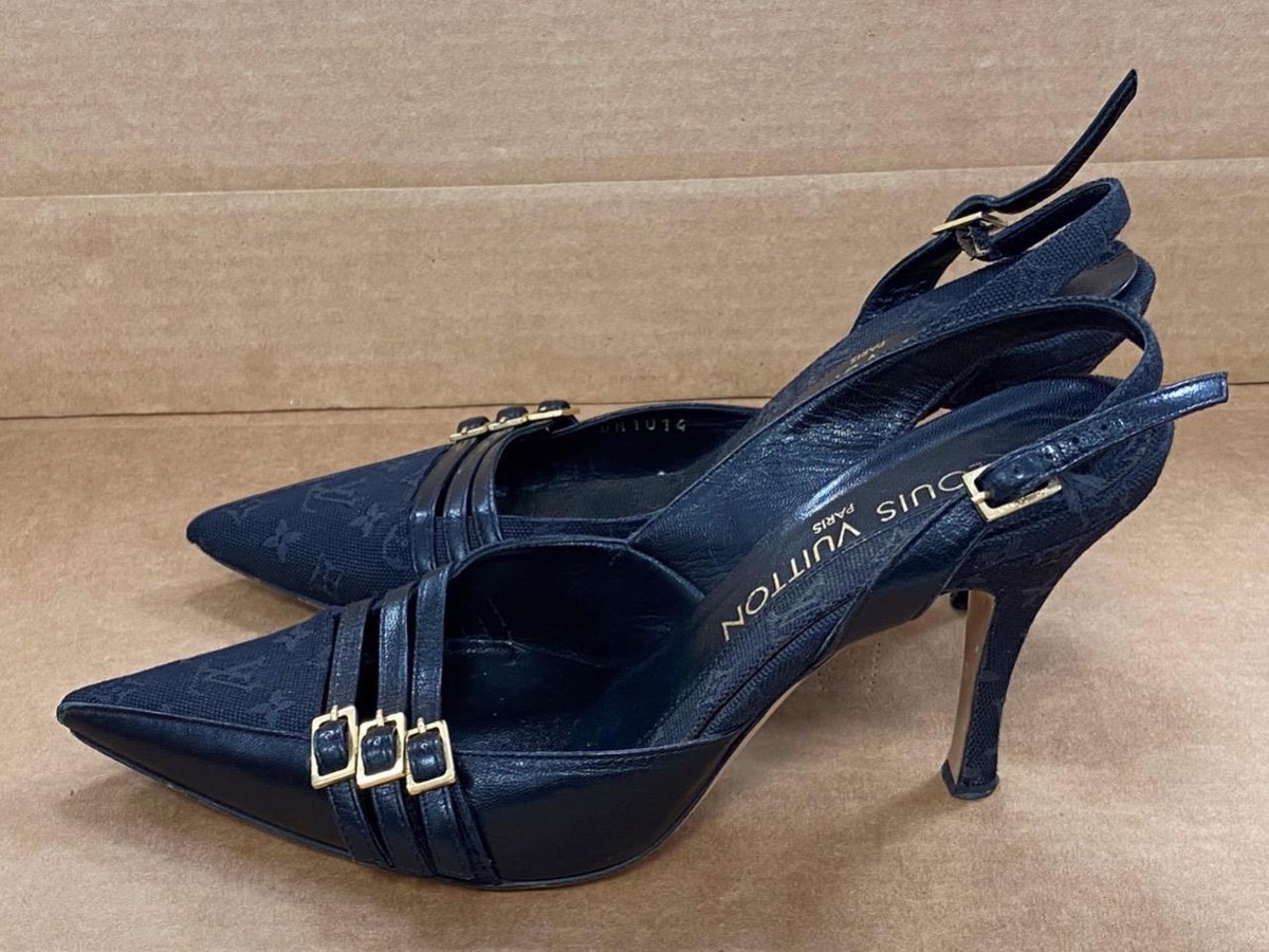 Louis Vuitton MONOGRAM OPEN BACK STRAP BLACK PUMPS SIZE 36- USED