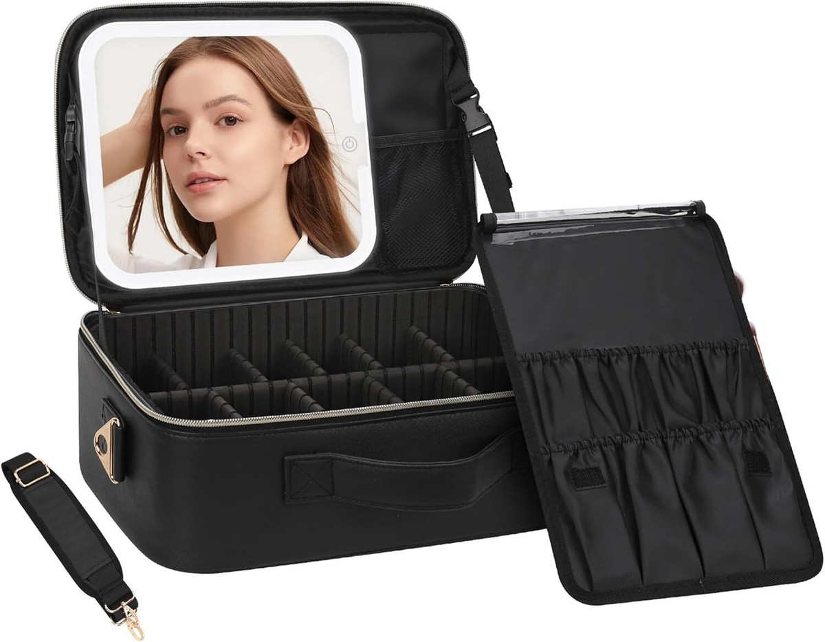 Chomeiu Makeup Bag with LED Mirror, Travel Cosmetic Train Case for