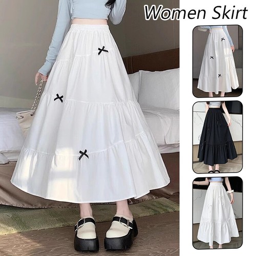 Elastic Women's High-Waisted A-Line Pleated Skirt with Bows Puffy Skirt Dress - Picture 2 of 24