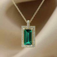 2 CT Halo Green Emerald And Diamond Pendant Necklace 14k Yellow Gold Finish