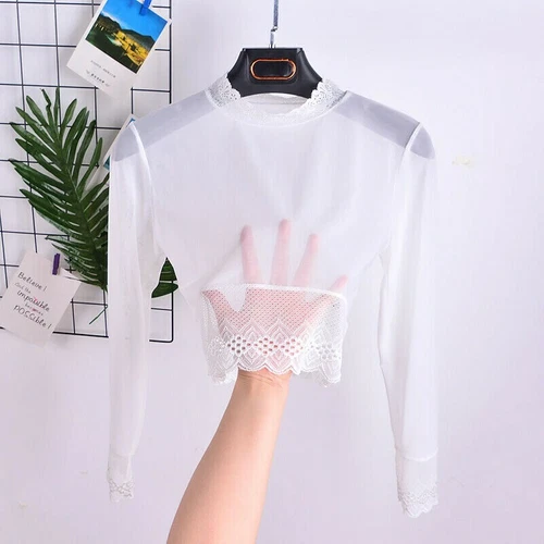 Lady Crop Tops Long Sleeve Lace Mesh Sheer See Through T-shirt Blouse Casual - Picture 2 of 14