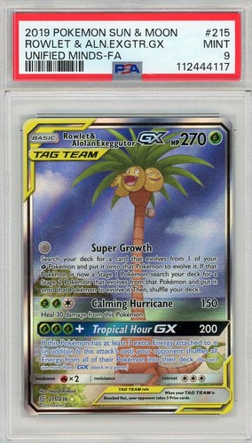 Pokemon Rowlet & Alolan Exeggutor GX Tag Team Alt 215/236 Unified Minds PSA 9