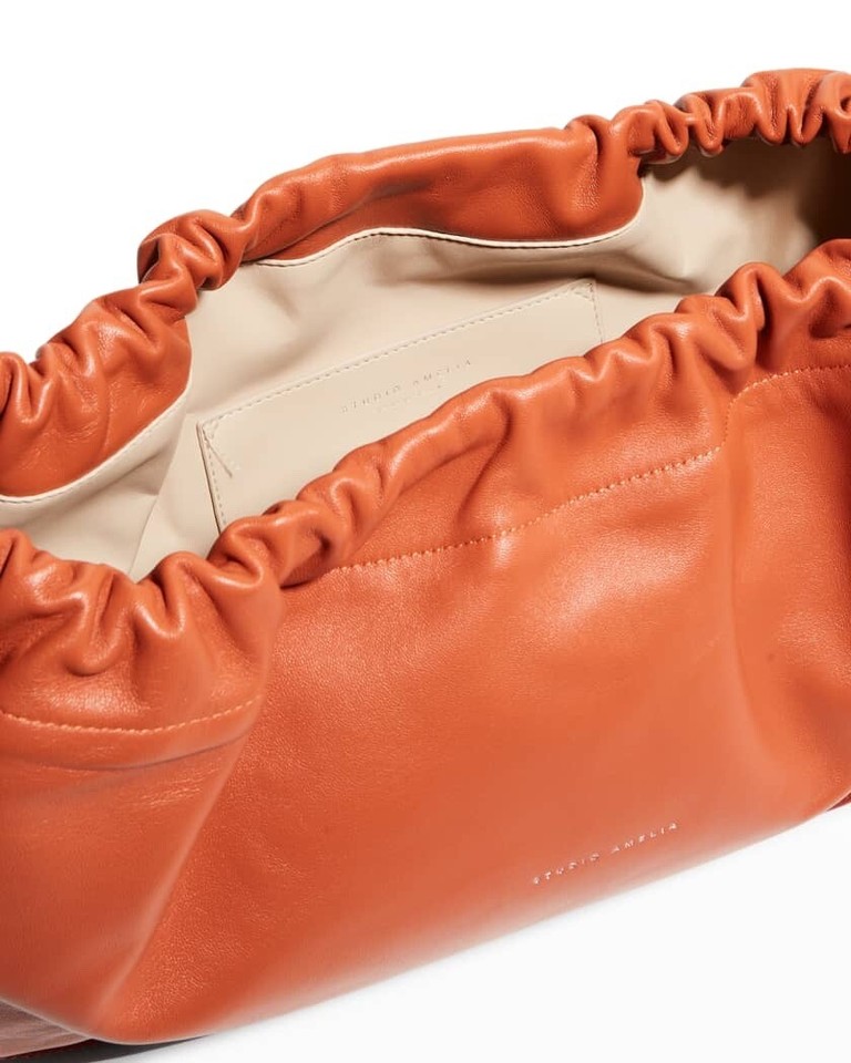 Soft! STUDIO AMELIA Maxi Ruched Lambskin Drawstring Clutch Bag ...