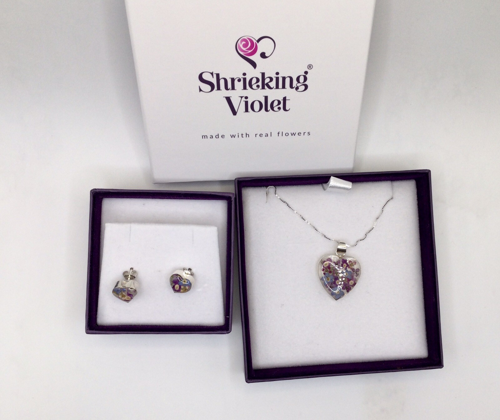 Shrieking Violet Purple Haze Silver Heart Flower Pendant Earrings Set