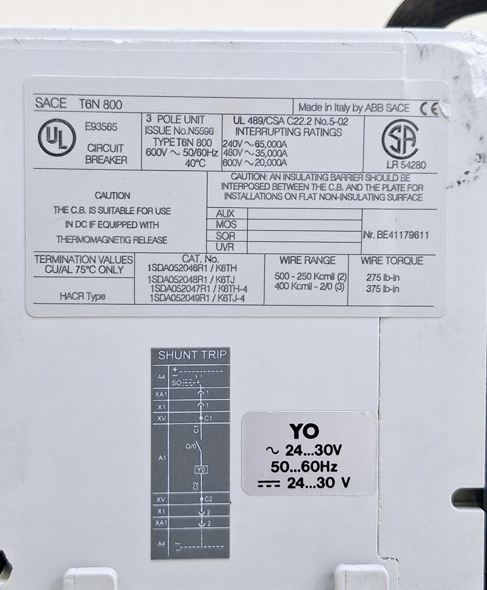 ABB T6N 800 SACE Tmax Circuit Breaker 600V 50/60Hz | eBay