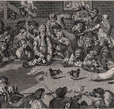 HOGARTH -Cockpit Royal Chaotic Gambling Blood Sport Scene 1812 Copper Engraving