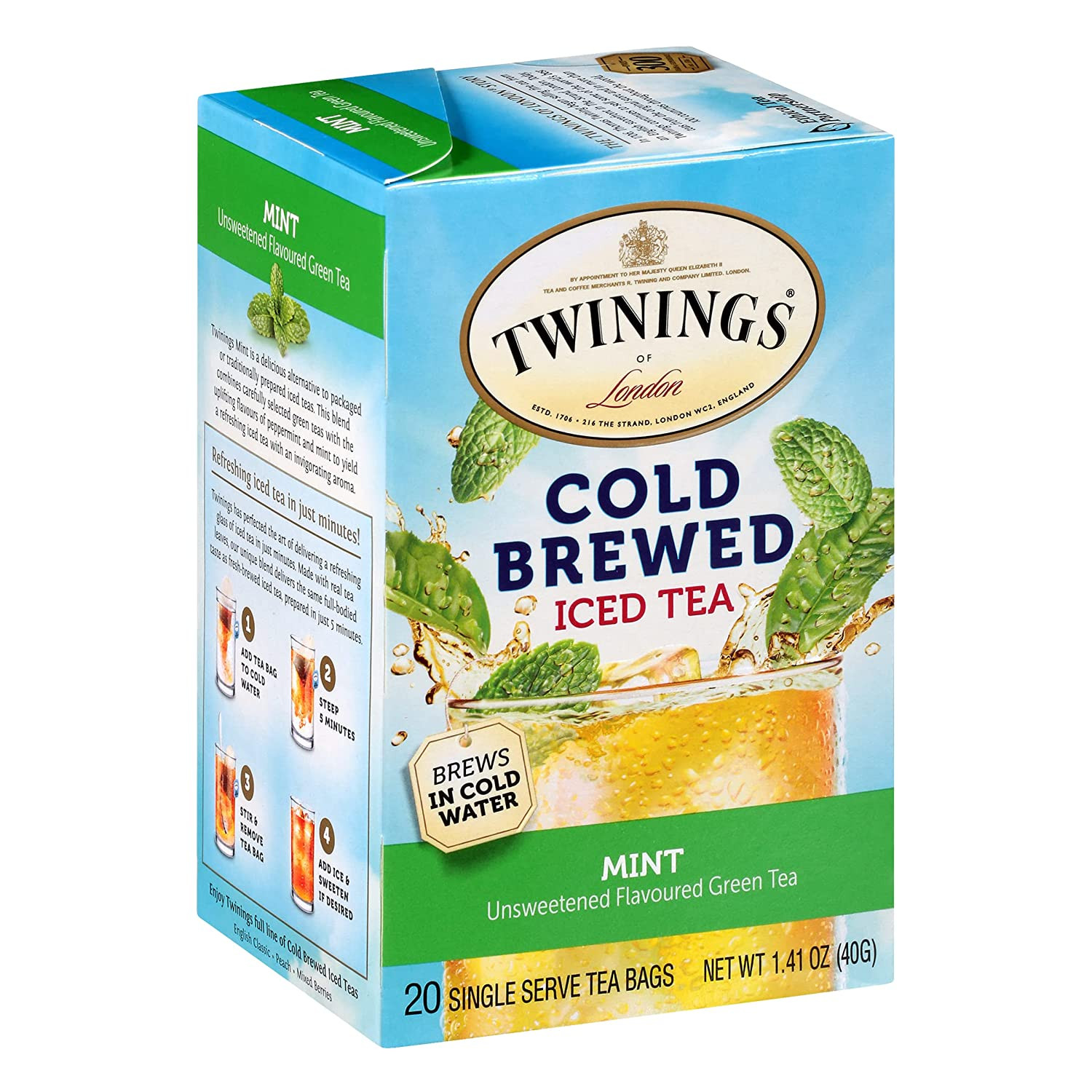 Cold Brewed Iced Tea - Mint Flavored Green Tea with Peppermint Leaves, Caffeinat