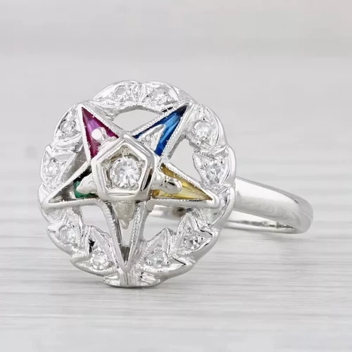 Eastern Star Ring 14k White Gold FN Diamond Lab Created Gemstone Masonic OES