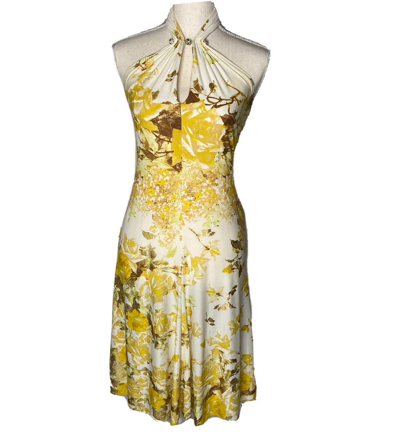ROBERTO CAVALLI Yellow Floral Gold Leaf Halter dress SZ 40 | eBay