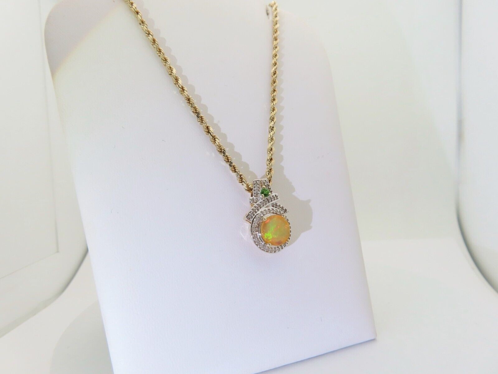 Opal Diamond Necklace Solid Gold Emerald Orange L… - image 4