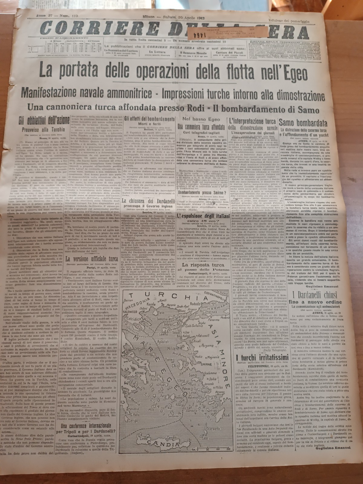 CORRIERE della SERA 20/4/1912 La nostra azione nell'Egeo, Superstiti Titanic