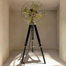 Ventilador de Pedestal Retro Latón Náutico, Trípode Negro, Ventilador de Piso Eléctrico Industrial