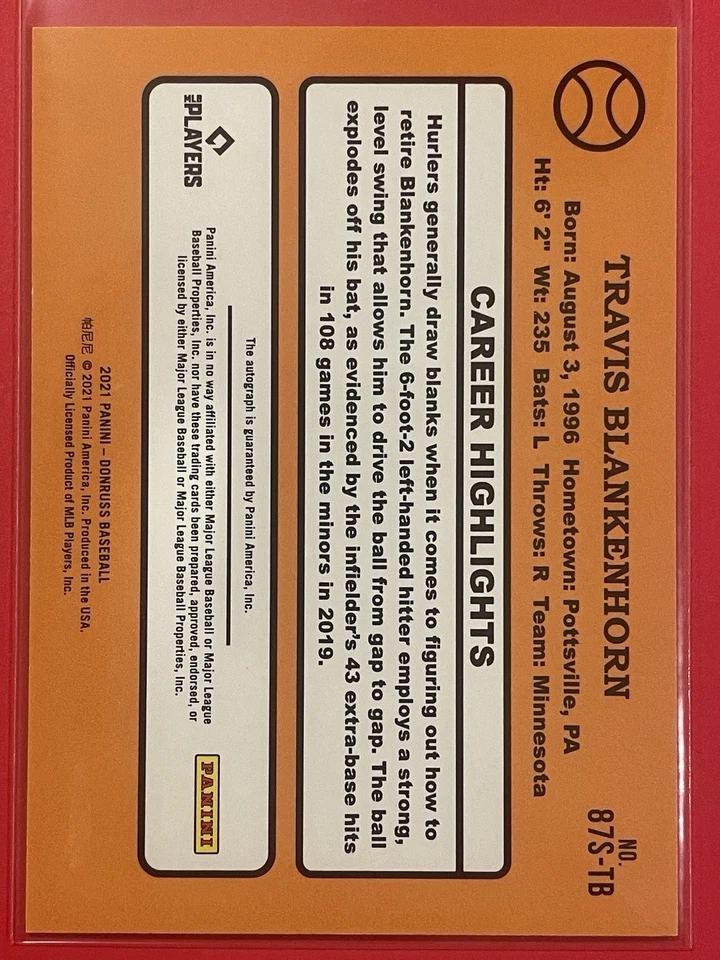 2021 Panini Donruss Travis Blankenhorn Retro 1987 Rookie Auto RC #87S-TB - Image 2 of 2