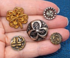 Antique Vintage Picture Buttons Brass Plastic Pewter Shamrocks Clover 5 Pieces
