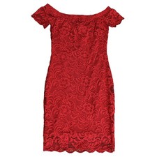 Womens Sexy Flirty Red Coquette Off Shoulder Flower Lace Mini Dress - S