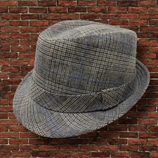 Concept One Sz L Gray Blue Plaid Fedora Gangster Hat Trilby Cuban Wool Blend