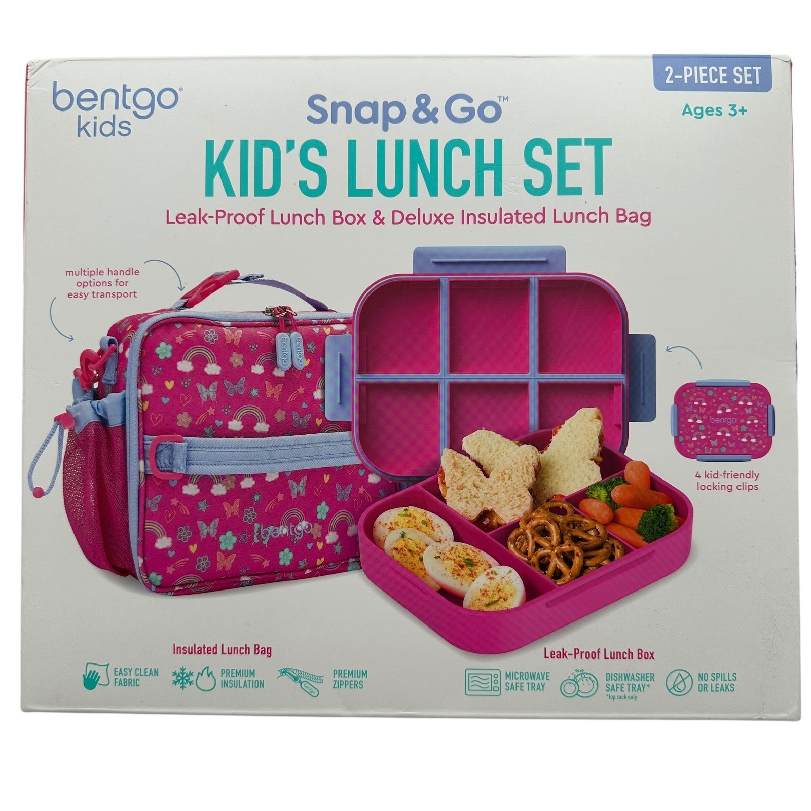 Bentgo Kids Snap & Go Pink Butterflies Lunch Box Deluxe Insulated Lunch Bag Set