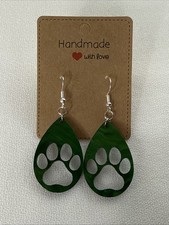 Puppy Dog Print Teardrop Green Pearlescent Earrings W/Hypoallergenic Silver Hook