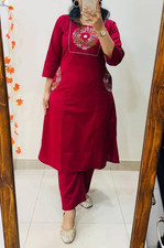Embroidered Cotton Kurti Pant Set Women Indian Ethnic Co-Ord Suit Festive Casual