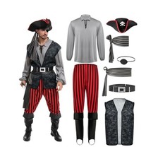 Mens Pirate Costume Adult 8 Piece Set Hat Vest Shirt Pants Halloween Party
