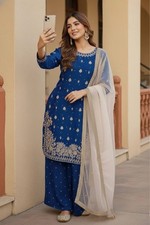 Fancy Designer Heavy Silk Blue Top Palazzo With Dupatta For Function Wear