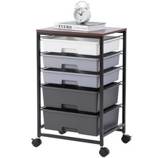 Utility Cart 5 Drawers Wood Top Locking Wheels Dark Grey