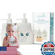 FAMILY FRUITS Silicone Reusable Food Pouches 2 Pack Elephants for Toddlers BPA