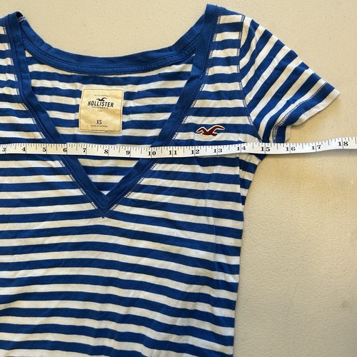 Y2K 2000s Hollister Top Womens Size XS Blue Striped Long Slim Deep V Neck Preppy - Picture 4 of 12