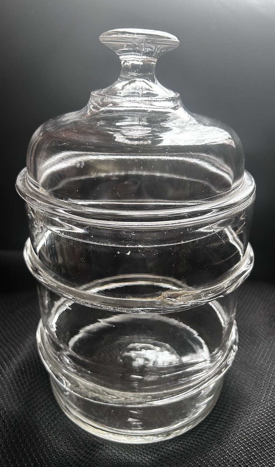 19TH C ANTIQUE  AMERICAN GLASS APOTHECARY JAR W/ APPLIED RINGS