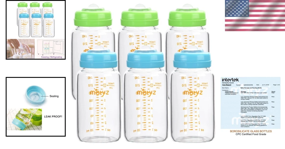 Borosilicate Glass Breastmilk Storage Bottles, 6-Pack - Image 2 of 4