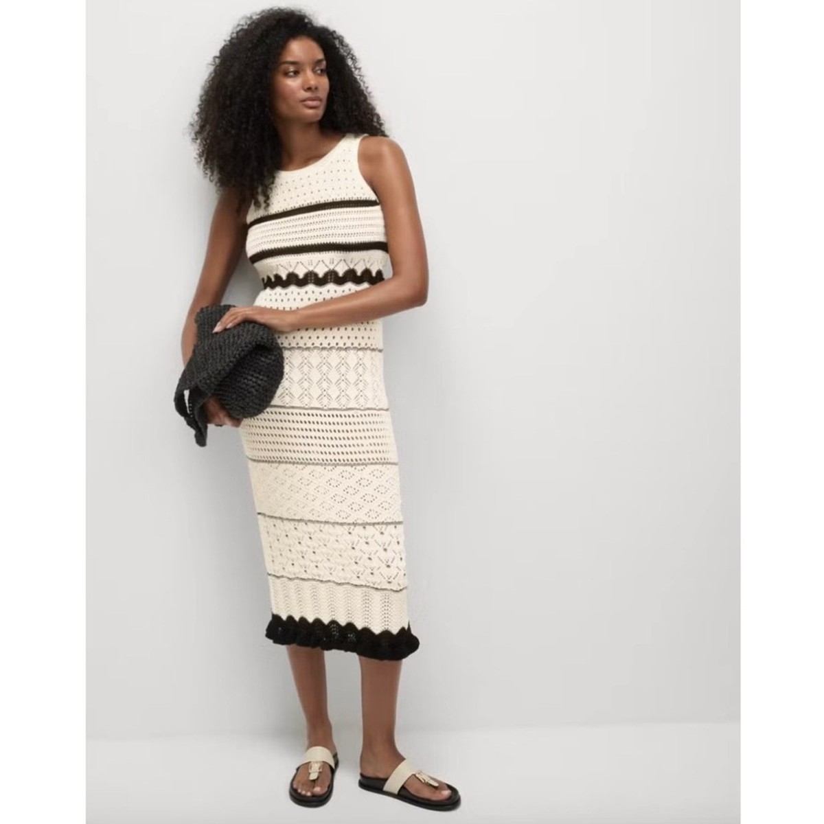Marks & Spencer Ivory Black Stripe Sleeveless Knit Crochet Midi Dress Cover  Up S | eBay