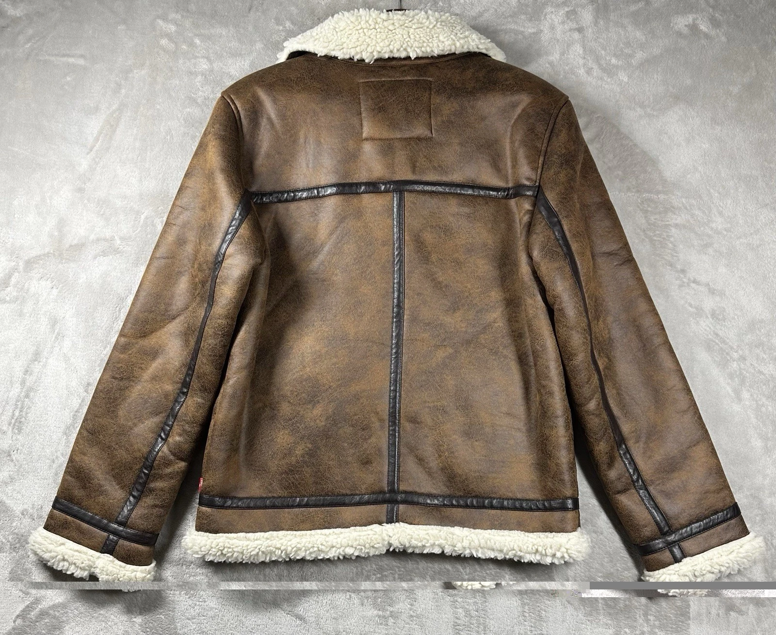 Levi’s Faux Shearling Rancher Aviator Jacket Mens Sz Small Brown Pockets Buckles - product detail image 2