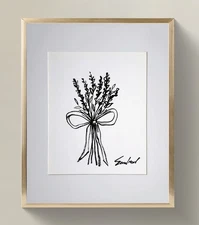 Original Ink Floral Drawing on Watercolor Paper_ Minimalist Art Signed by Artist