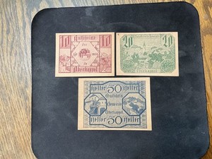 Austria 1920 Notgeld 10/20/50 Heller AU/UNC Crisp 3 Banknote Lot.  N4187