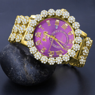 Icy Purple Amethyst 12 Real Diamond Roman Dial Flower Band Bezel Gold Tone Watch