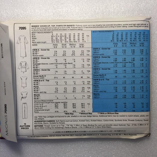 McCalls 7095 Gr. Misses Medium Überwurf Oberteil Hose oder Shorts ungeschnitten - Bild 2 von 3
