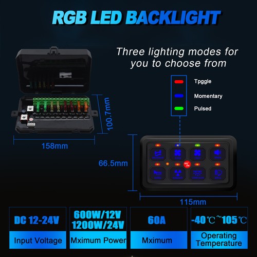 12V/24V 8 Gang Schalttafel Schaltkreissteuerung Relais System RGB für Auto LKW Boot - Bild 9 von 10