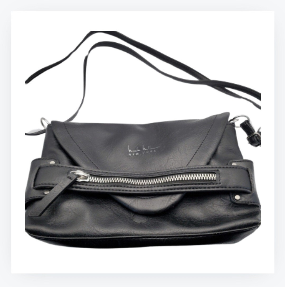 Nicole Miller New York Black Faux Leather Crossbody Purse with Zipper  